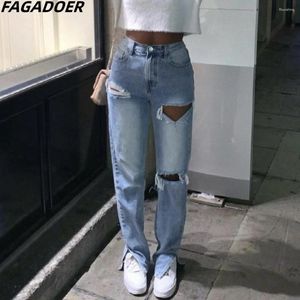 Women's Jeans FAGADOER Fashion Streetwear Women High Waist Button Straight Denim Pants Autumn Casual Hole Slit Cowboy Trousers Female