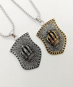 Men Stainless Steel Hip Hop Cook Punk Necklace Bling Full Crystals Vintage Crown Shield Pendant Jewelry Necklaces5313173