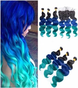 Raiz escura 1b azul ombre verde 13x4 encerramento frontal de renda com weaves onda corporal virgem peruana três tom ombre pacote de cabelo humano 1693088