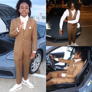 Light brown Mens Suit peaked Lapel Wedding Tuxedos three Pieces Groom Wear one button Prom Evening Blazers With Vest Jackets And Pants