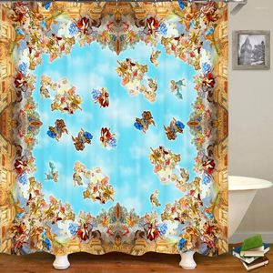 シャワーカーテンヨーロッパの油絵印刷生地天使の壁画風呂のスクリーン防水壁の浴室の装飾フック付き