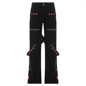 Jeans feminino Moda Harajuku y2k Low Rise Hippie Cargo Pants Mulheres Estrela Estrela Impressão Black Tassulle Zipper Lalta larga de perna larga com bolso grande