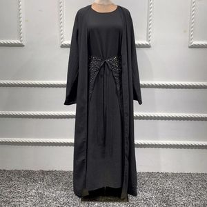 Ubranie etniczne Dubai Turkish Solid Kolor Dress for Women Straking Podszewka 2ps Caftan muzułmański Abaya Islamski Ramadan Cardigan Abayas