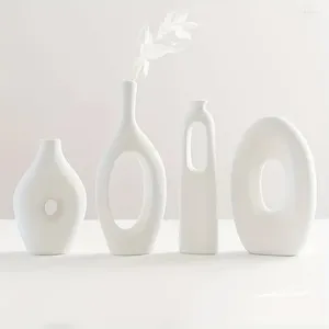 Vases White Ceramic Hollow Set Of 4 For Flower Decoration - Perfect Modern Centerpiece Wedding Dinner Table Party Living