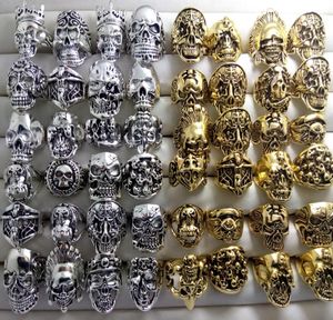 whole 100Pcs Silver Gold Skull Head patten Skeleton alloy rings jewelry finger ring crystal men Punk biker fashion size 8115063589