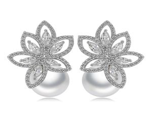 Brincos de gota de flor de pérolas Bling White Zircão de jóias finas Brincos de casamento para mulheres Presente de menina8335074