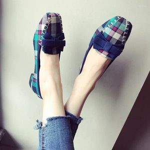 Sıradan ayakkabı İngiltere tarzı gingham kadın loafers bahar sonbahar bowtie kayma üzerinde kadın bayanlar tek