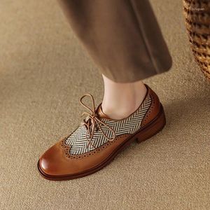 Dress Shoes EAGSITY Cow Leather Oxford Women Lace Up Block Heel Casual Fashion Ladies Brown