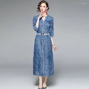 Casual Dresses V-neck Three-quarter-sleeve Jean Print Long Dress Elegant Blue Denim 24022