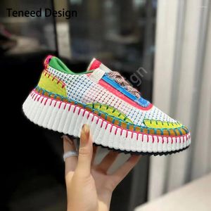 Casual Shoes Women Nama Sneakers Knitted Platform Round Toe Flats Lace Up Patchwork Hand Stithced Walking Tennis Biscuit