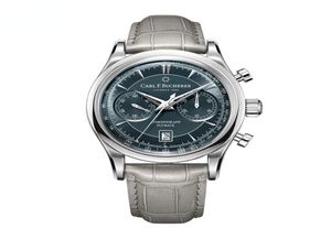 Carl F Watch bucherer dragon flyback chronograph grey blue dial top leather strap quartz male watch gift9681139