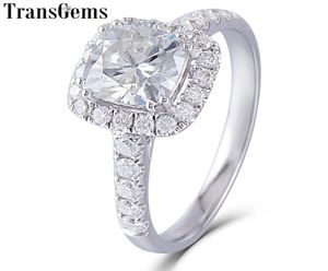 Transgems Center 2ct Halo Moissanit Engagement Ring 14k 585 White Gold 75mm Sqaure Cushion Cut Fg Color Moissanite Ring Wedding Y8718634