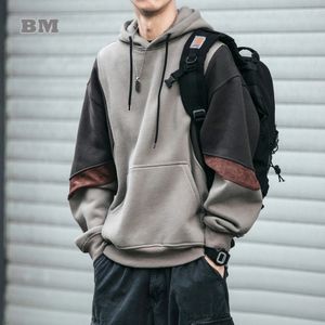 Plus Size Autumn Winter Korean High Quality Fleece Patchwork Hoodie Men Clothing Harajuku Japanese Streetwear Hip Hop Sweatshirt 241114