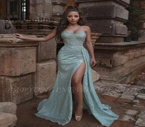 Stunning Mint Green Sequined Glitered Evening Dresses With Detachable Skirt Sexy Sweetheart Backless High Thigh Split Arabic Afric8111213