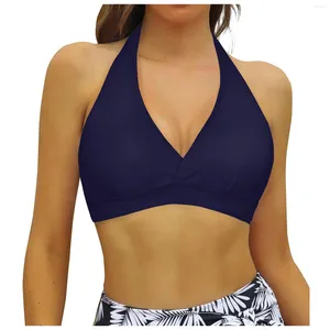 Kvinnors badkläder damer snörning upp toppar Tryck Swim Crop Top Tie Back Sexig baddräkt med nackband Sommar för kvinnliga