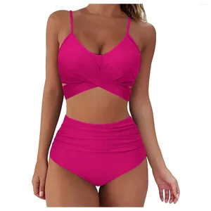 Costumi da bagno femminile da bagno costume da bagno alla moda a due pezzi abita da bagno in bikini di colore solido con scollo a V profondo Summer Summer Hawaiian Casual Beachwear