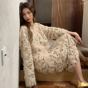 Casual Dresses Women Spaghetti Long Sleeved French Designer Luxury Top Quality Birthday Gift Ladies Elegant Influencer Furry Sequins Ne