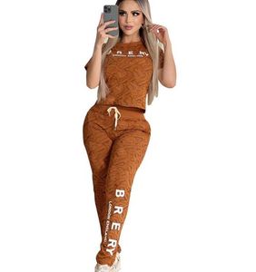 England style Ladies Short Sleeve Two Piece Set Women Brown grid T-shirt jogging Pants Sports Suit Tracksuits Streetwear Femme Clothing 4XL