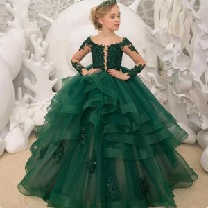 Flicka klänningar gröna spetsar applikationer flickor chic o-hals ruched pleat svep tågboll klänningar födelsedagsfest prom klänning för 2024