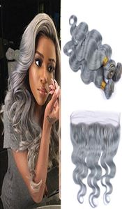 Fashion Color Silver Grey Body Wave Human Virgin Hair Lace Frontal With Bundles Gray Heat Resistant Hair Extension With Closure Gr4521879