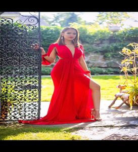 Red Long Sleeve Formal Evening Dresses Deep V Neck Sexy Long Evening Gowns Leg Slit African Evening Party Dresses1257627