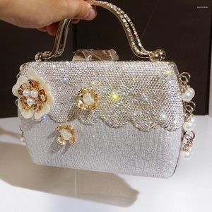 Förvaringspåsar pärla blommor diamantrösta bröllop handväska för kvinnor handgjorda bankett brud bärbara makeup smycken väska