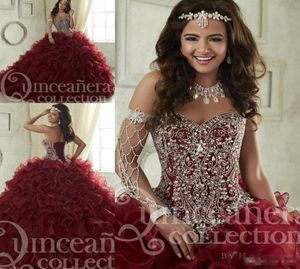 2019 New Burgundy Quinceanera Dresses Organza Tiered Skirts Luxury Beaded Crystals Ball Gown Sweet 15 16 Formal Wear Custom Made8807319