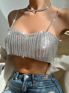 Tanques femininos SJ Moda feminina Rhinestone Tassel Bandeau Backless Sexy Crop Top Summer Beach Party