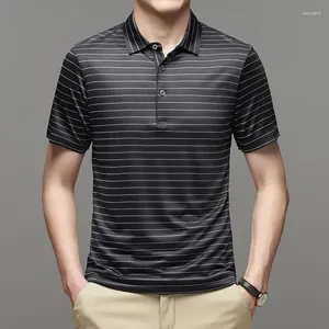 Herrpolos 2024 Mulberry Silk Striped Polo Shirts Luxury Short Sleeve Business Casual Man Tees Fashion Cotton Man T-Shirts 3xl