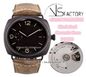 Top Version Watches vs 45mm Black Seal Ceramic VS505 00505 P9000 Automatisk herrar Titta på Black Dial Läderband Gents armbandsur6233426