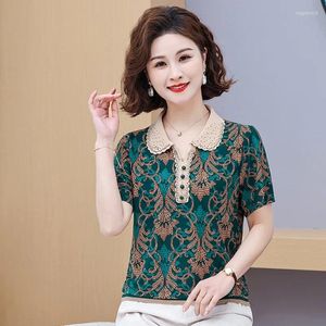 Women's Blouses Commute Turn-down Collar Blouse Fashion Diamonds Button Summer Short Sleeved Clothing Vintage Printed Loose Shirt