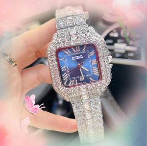 Popular mens full diamonds ring strap watch quartz battery shiny starry waterproof clock table day date time square face chain bracelet wristwatch gifts