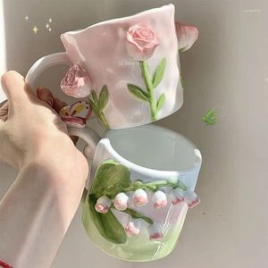 Kubki Rose Tulip Expossed Flower Mub Girls 'Ceramic Soup Cup Deser Deser Ręcznie Malowane trójwymiarowe z uchwytem Canch