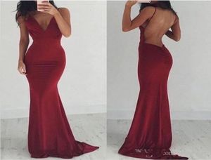 Elegant Red Open Back Formal Prom Dresses 2018 Mermaid Spaghetti Straps V Neck Long Stretch Party Gowns 2017 Evening Dress4203591