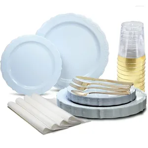 Disposable Dinnerware " OCCASIONS 960 Piece Set (120 Guests)-Vintage Wedding Party Plastic Plates & Cutlery Gold Silverware Cups Napkins