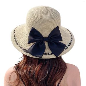 Bollmössor semester Big Bow Straw Hat Sunshade Beach Sun Hatts For Women Summer Wide Breim Bucket Outdoor Breattable Chapeau Femme