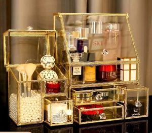 Glass Gold Bathroom OrganizerStackable 2Pieces Drawer Set StorageAntique Countertop Vanity Cosmetic Storage Box Mirror 240329