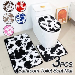 Bath Mats 3Pcs/Set Non-slip Cow Soft Mat Toilet Washable Bathroom Carpet Accessories Black White Print Cover