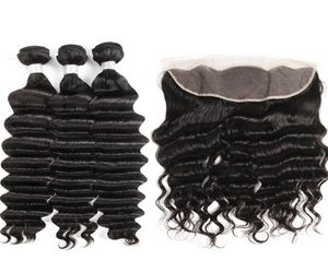 8a Indian Loose Wave Deep Hair Pacéis com renda frontal Índia Virgem Cabelo Extensões 3 Pacotes com 13x4 Ear a orelha Lace Frontal9758087