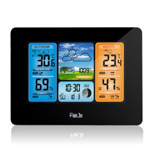 Clocks Fanju trådlös digital termometer Hygrometer Barometer Weather Station Frost Alarm Clock Prognos Daglig elektronisk väggklocka