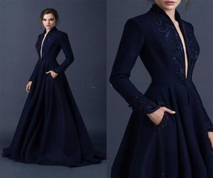 2020 Elegant Satin Aline Dresses Brodery Paolo Sebastian Dresses Beaded Formal Party Wear Ball Gown Plunging V Neck Evening Dre5162202