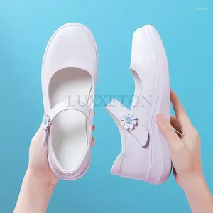 Casual Shoes Genuine Leather For Women Comfortable Soft Sole Flat Lightweight And Breathable Sloping Heel Small White