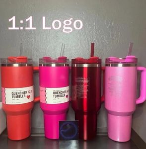 UPS 40oz Quencher Tumblers rosa co-märke Black Chroma Flamingo rostfritt stål Valentines dag presentkoppar med silikonhandtag lock och halmbilmuggar z 4.14