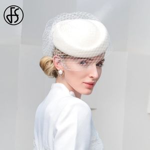 FS White Beret Luxus Hochzeit Britische Top -Hüte für Frauen elegante Kirchenwolle Fedoras mit Schleier Damen Schwarze Cap weiblich 240412