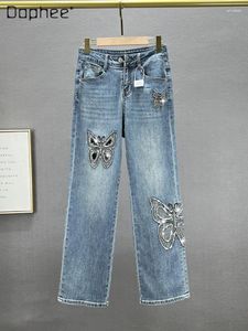 Frauen Jeans INS Europäischer geraden Strassstein für Frauen trendy 2024 Herbst Lose hohe Taille schlampige Weitbein -Jeanshosen weiblich