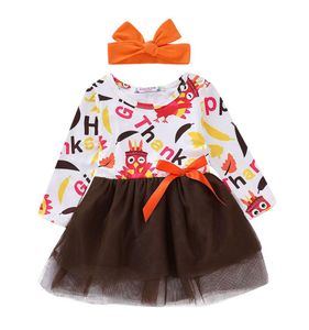 女の子の服セットキッズサンクスギビング七面鳥のプリントボウメッシュチュチュプリンセスドレスヘッドバンド2pcsset子供デザイナー服1236113