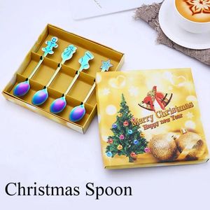 Ложки 4pcs/set Рождественская посуда кофейная ложка из нержавеющей стали мороженое десерт рождественский снеговик дети пьют чай