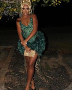 Party Dresses Green Beaded Short Prom Dress For Black Girls O Neck Crystal Birthday Feather Mini Cocktail Homecoming Robe