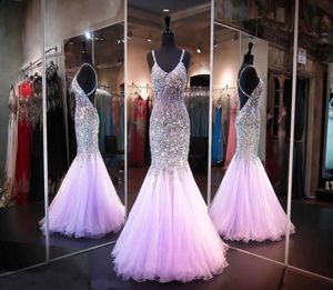 2018 Lilac Bling Mermaid Prom Dresses Sweetheart Beading Crystal Criss Cross Backless Sweep Train Spaghetti Stems Evening Wear PA1998379