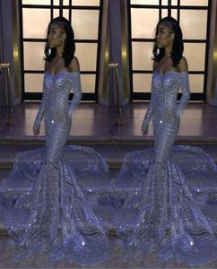 Black Girl Silver -paljetter Offtheshoulder Mermaid Prom Dresses Long ärms sveptåg Reflekterande aftonklänningar BC33064601333